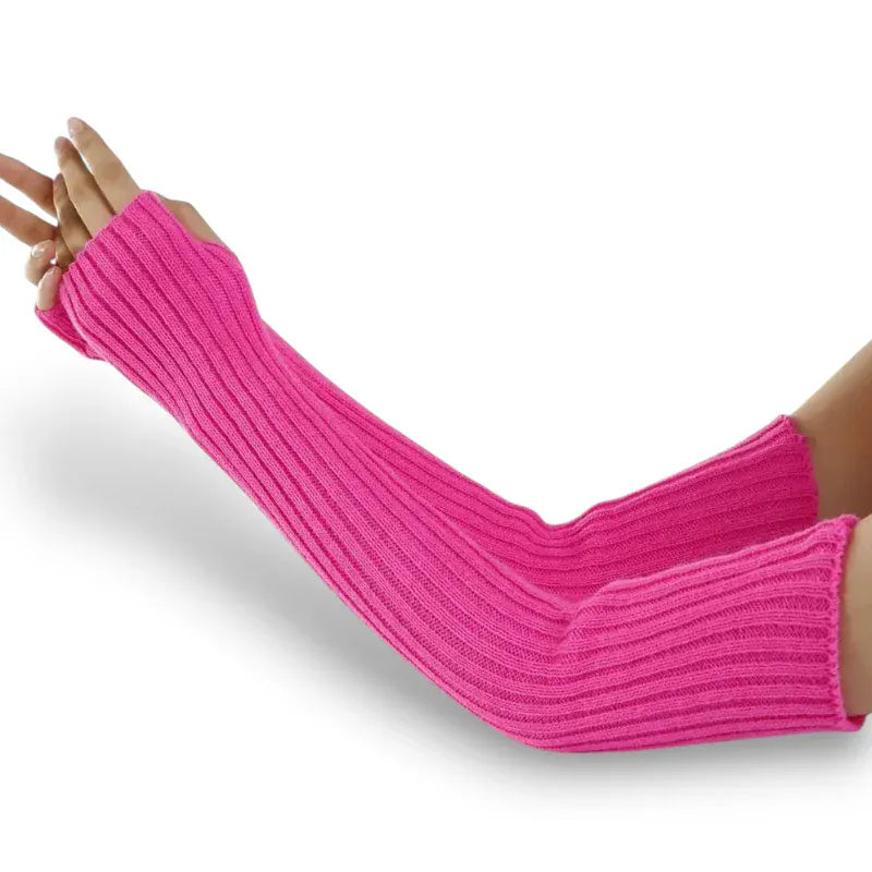 Gants longs roses sans doigts pour femme en maille côtelée.