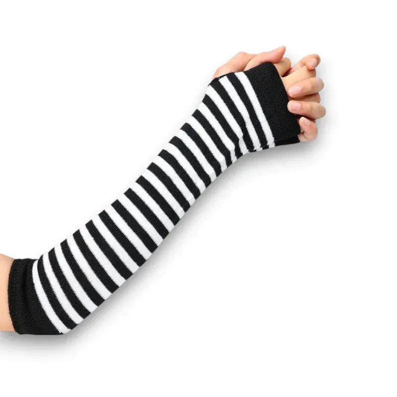 Gants longs rayés pour femme sans doigts.