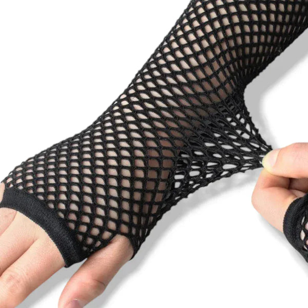 Gants longs noirs en résille sans doigts pour femme.