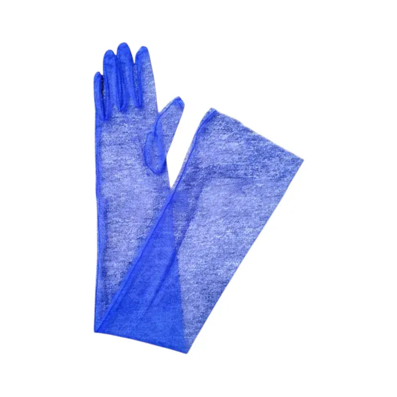 Gants longs bleus en maille transparente pour femme.