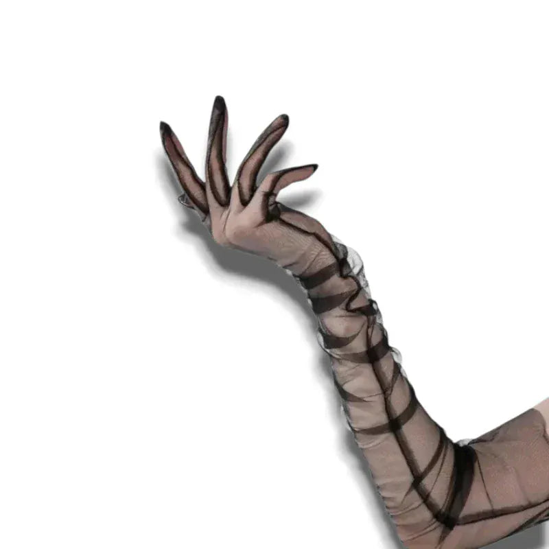 Gants longs en maille transparente pour femme avec un motif rayé.