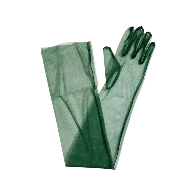 Gants longs en maille transparente de couleur verte.