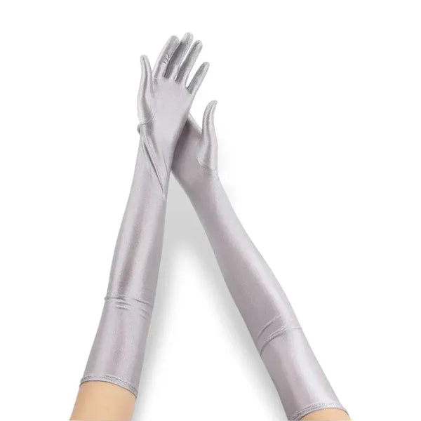 Gants longs argentés brillants pour femme.