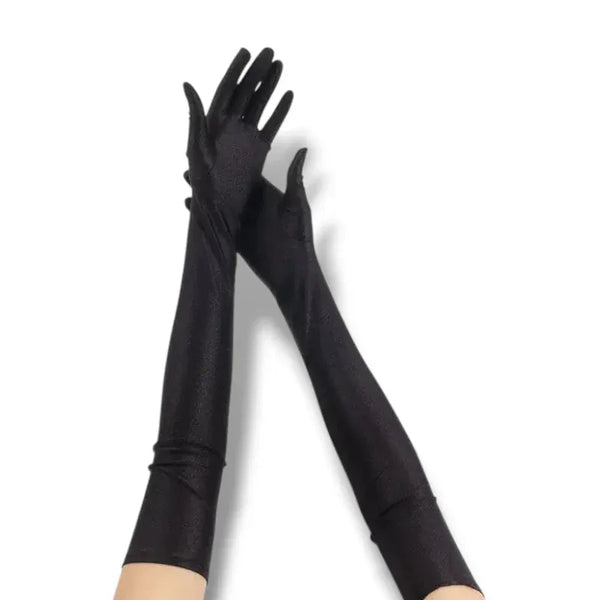 Gants longs noirs pour femme, brillants et extensibles.