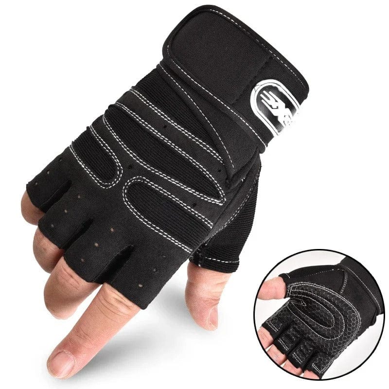 Gants de musculation noirs sans doigts avec coutures blanches et logo.
