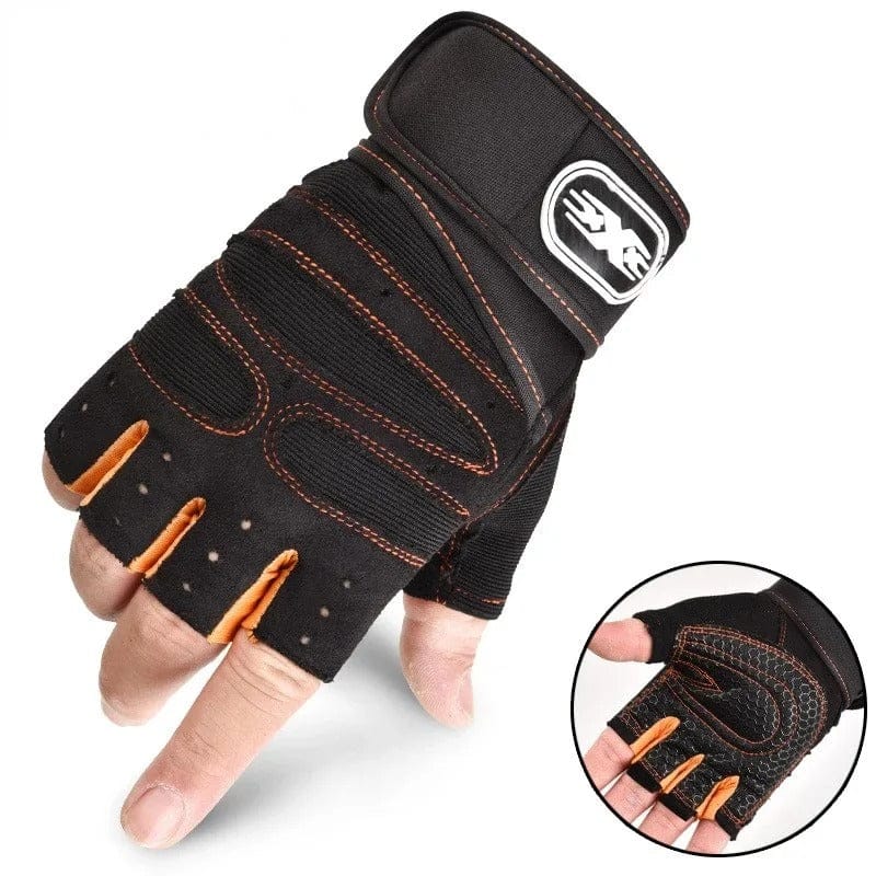 Gants de musculation unisexes noirs avec coutures orange et logo blanc.