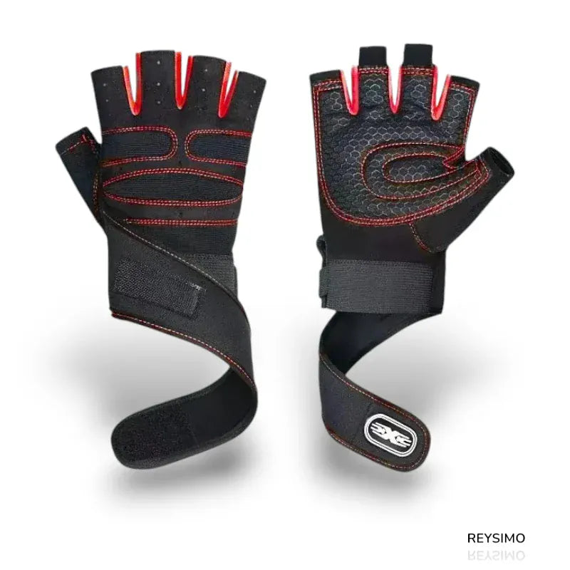 Gants de musculation noirs et rouges unisexes avec poignets renforcés.