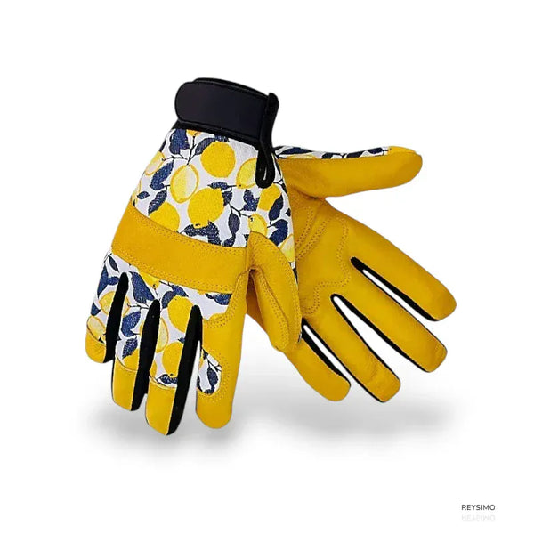 Gants de travail jaunes en cuir avec motif citron pour femmes.