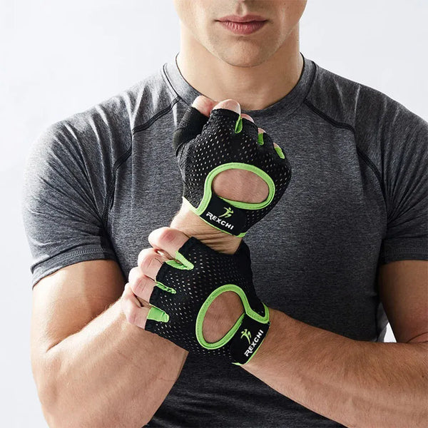 Gants de musculation unisexes noirs et verts avec logo REXCHI.