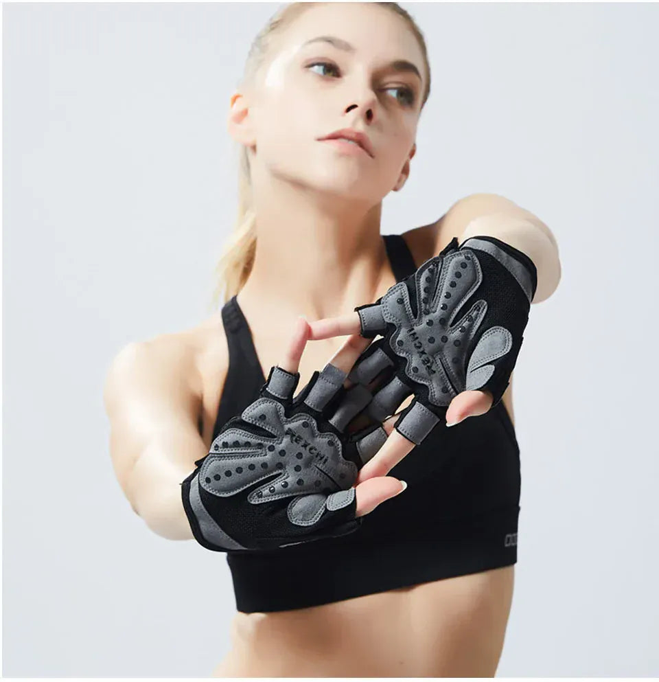 Gants de musculation unisexes gris et noirs avec paumes antidérapantes.