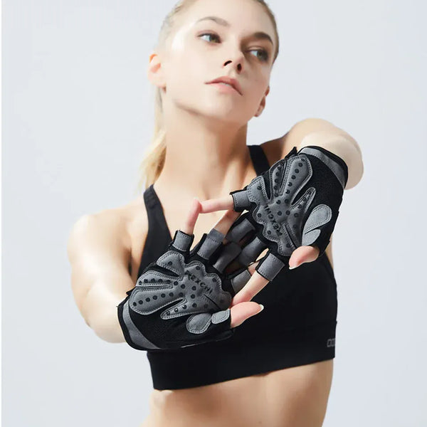 Gants de musculation unisexes gris et noirs avec paumes antidérapantes.