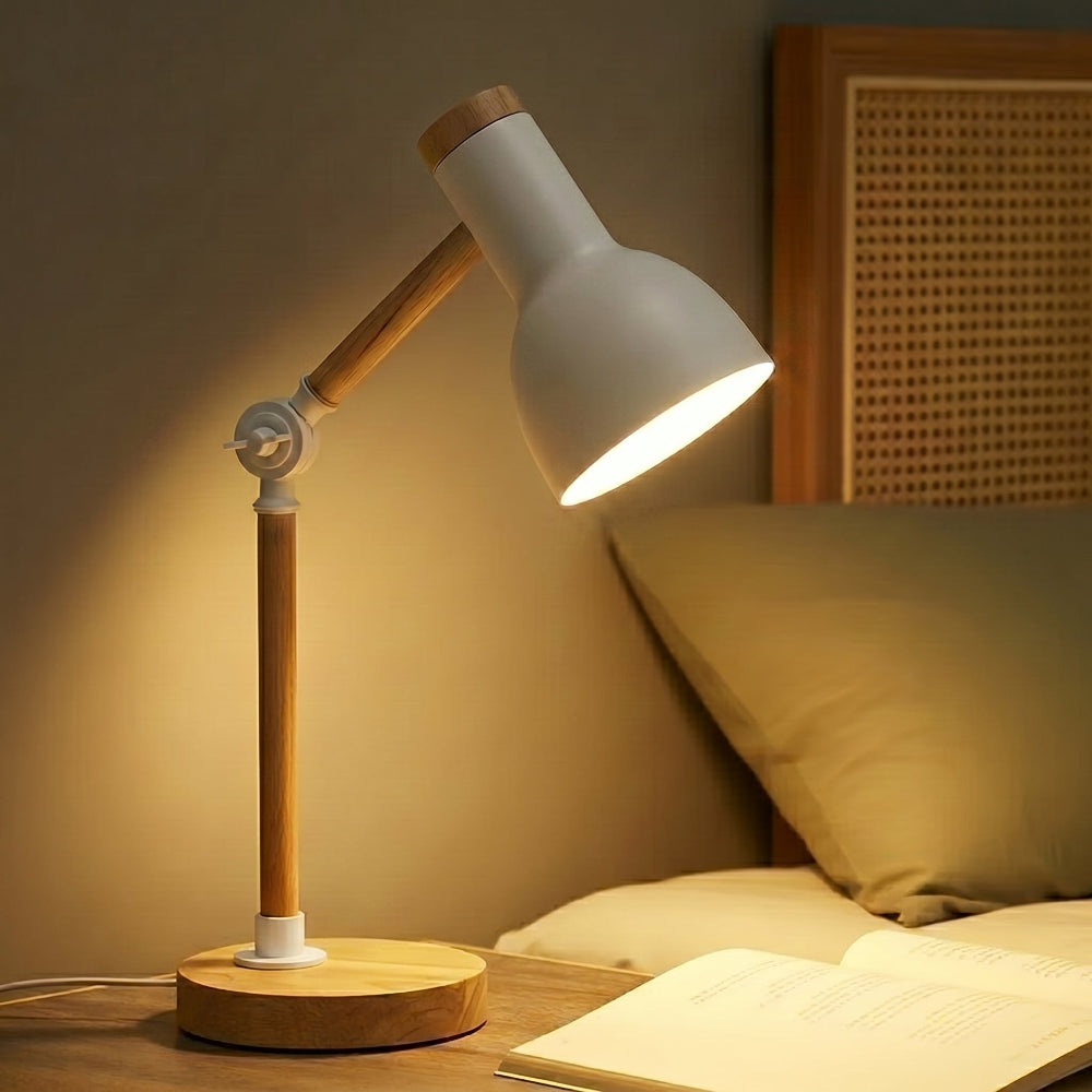 Lampe de chevet bois orientable variant blanc sur table de chevet