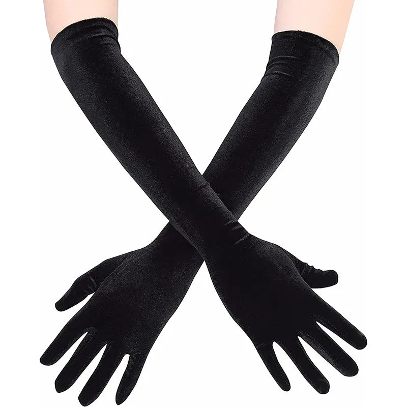 Gants longs en velours noir pour femme.