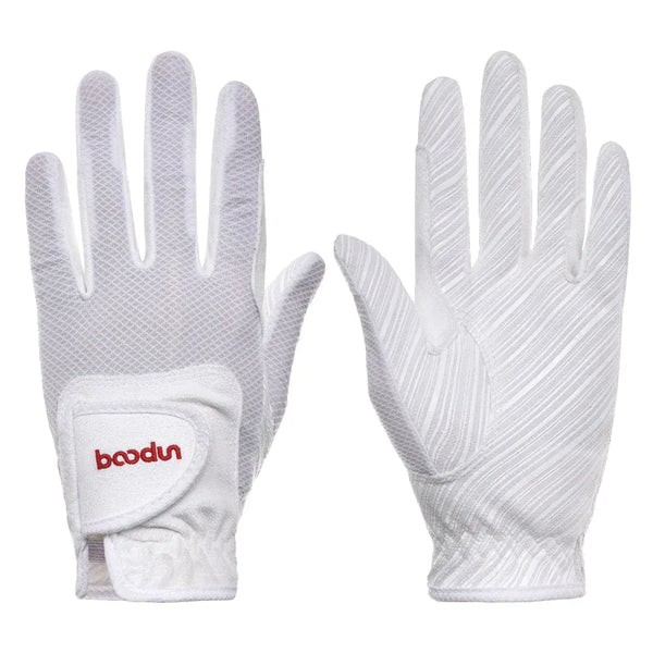 Gants d'équitation blancs unisexes avec logo rouge.