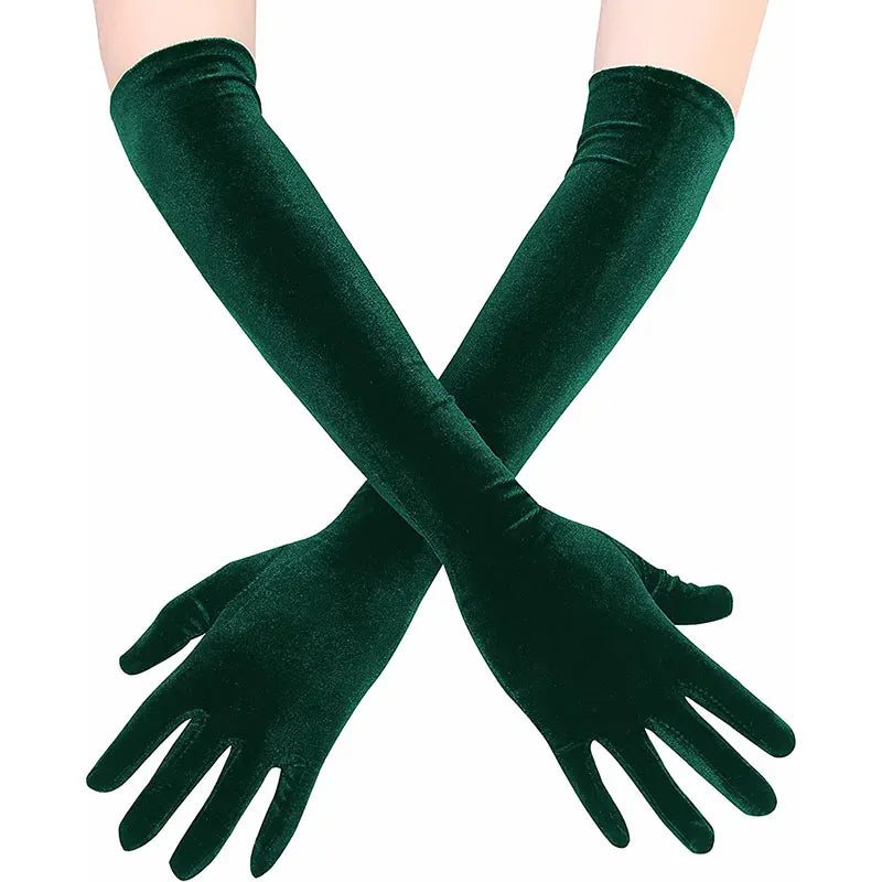 Gants longs en velours vert pour femme.