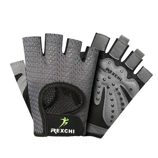 Gants de musculation unisexes gris avec paumes renforcées et logo Rexchi.
