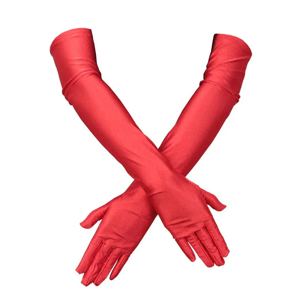 Gants longs rouges pour femme en satin.