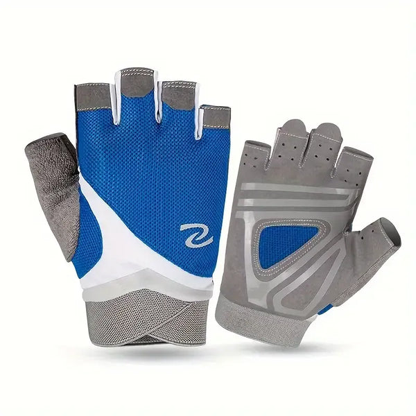 Gants de musculation bleus et gris pour femmes sans doigts.