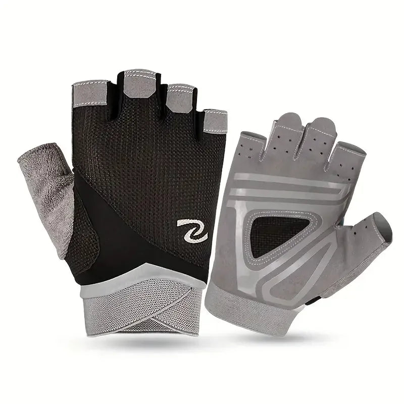 Gants de musculation pour femmes noirs et gris sans doigts.