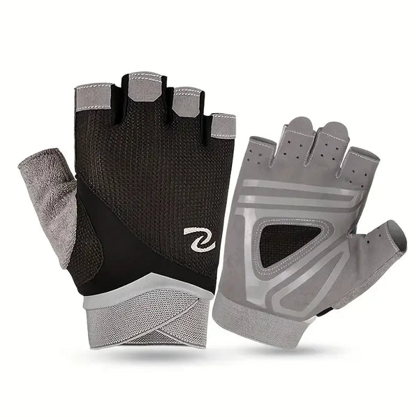 Gants de musculation pour femmes noirs et gris sans doigts.