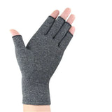 Gants de compression unisexe gris pour arthrose avec bout des doigts ouvert.
