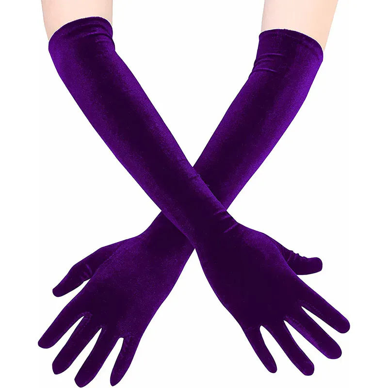 Gants longs en velours violet pour femme.