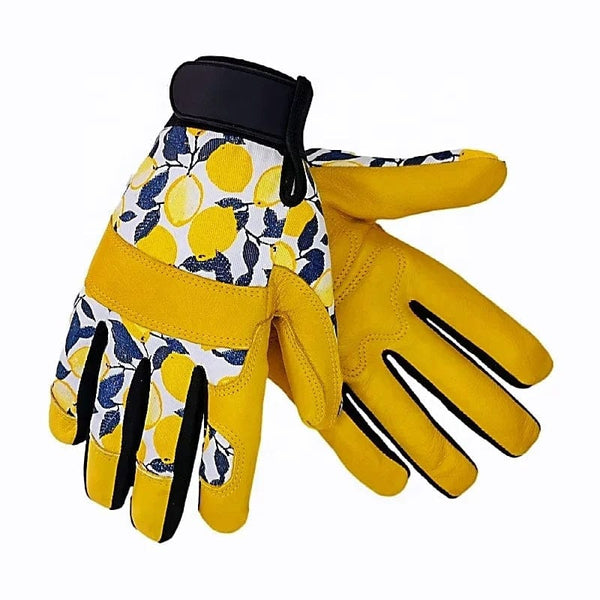 Gants de travail jaunes en cuir avec motifs de citrons pour femmes.