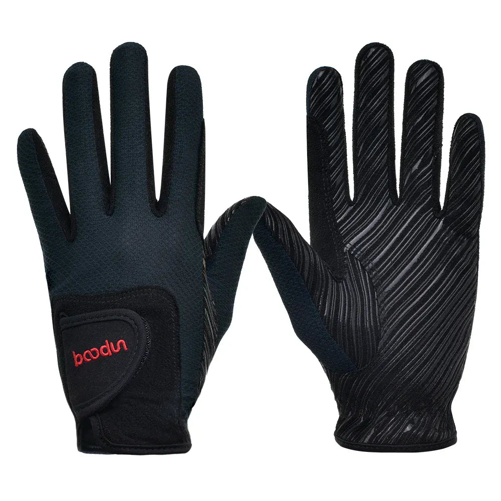 Gants d'équitation unisexes noirs avec paume texturée et logo rouge.