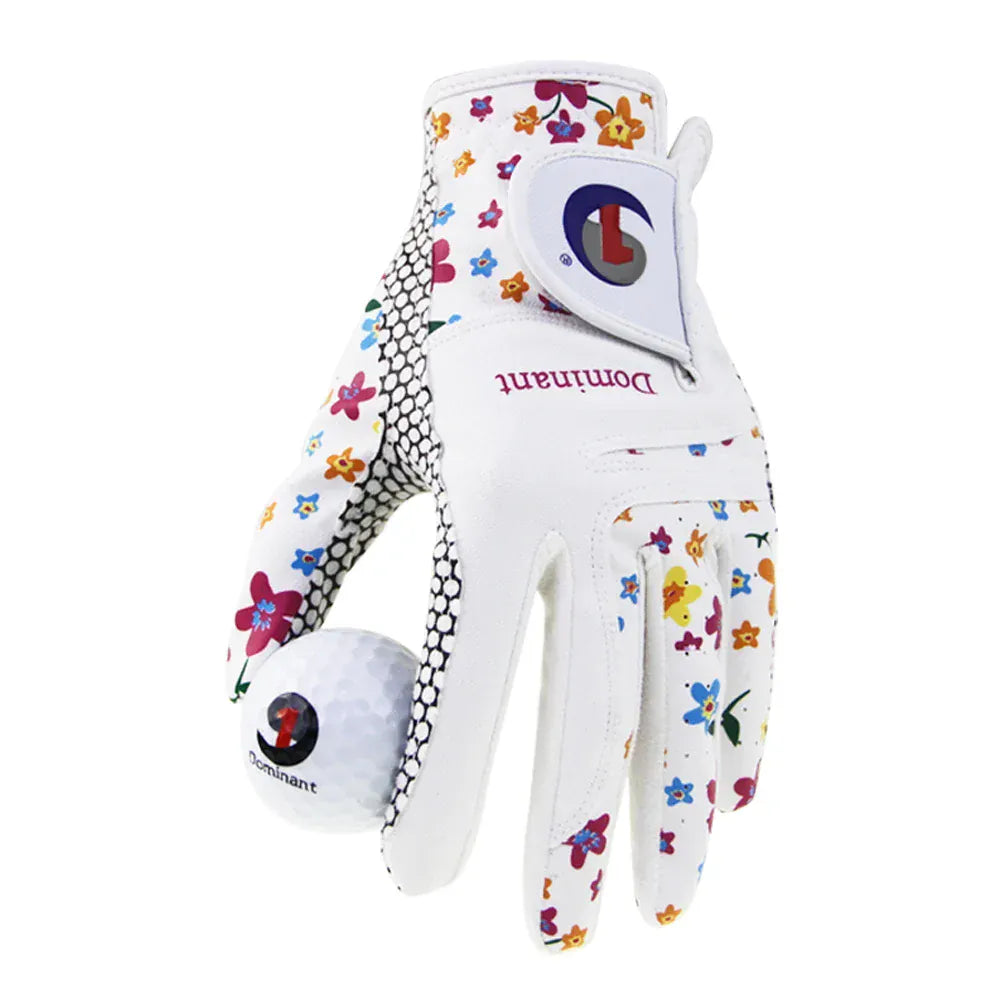 Gants de golf blancs pour femmes avec motif floral et prise antidérapante.