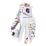 Gants de golf blancs pour femmes avec motif floral et prise antidérapante.