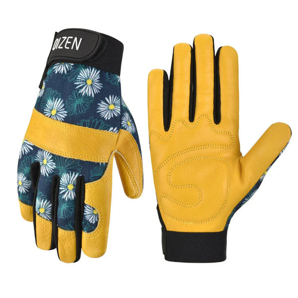 Gants de travail jaunes en cuir avec motifs floraux pour femmes.