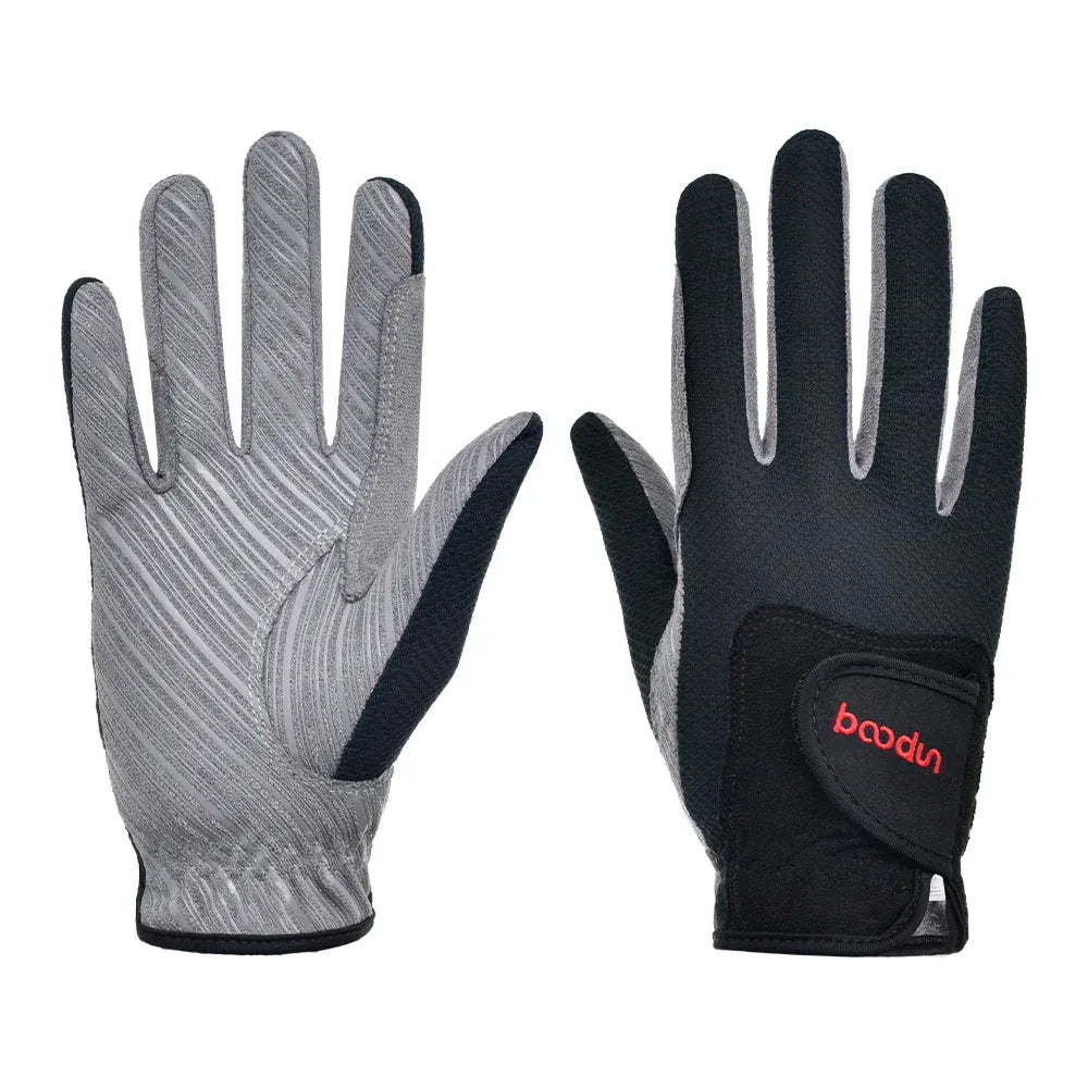 Gants d'équitation unisexes gris et noirs avec logo rouge.