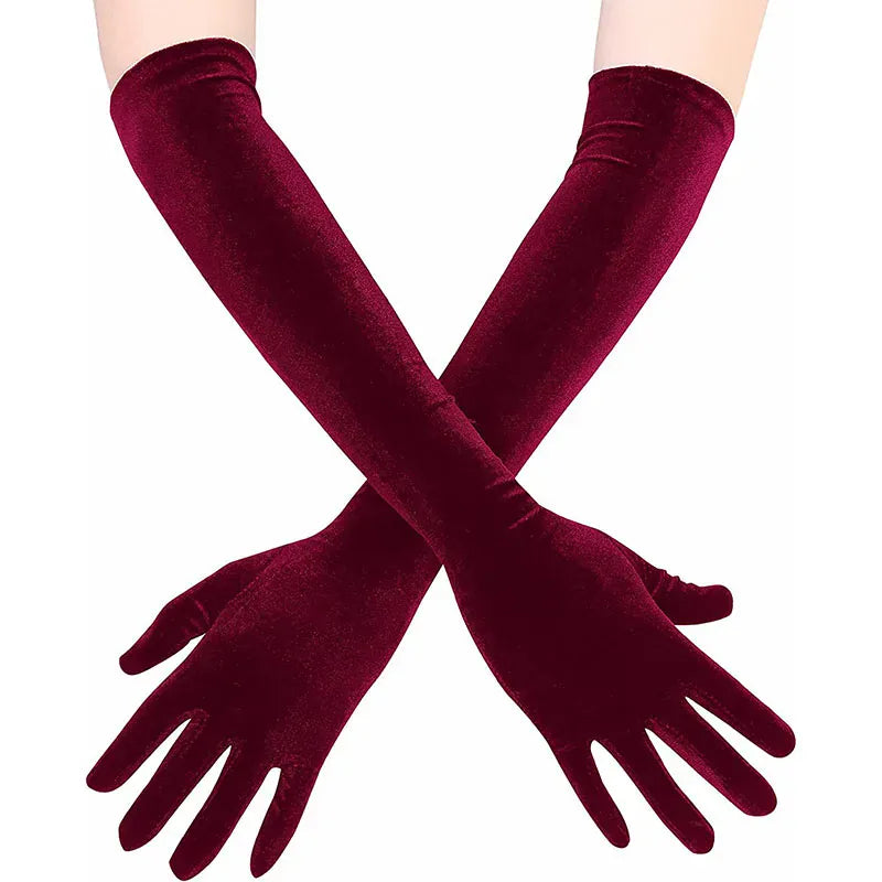 Gants longs en velours bordeaux pour femme.