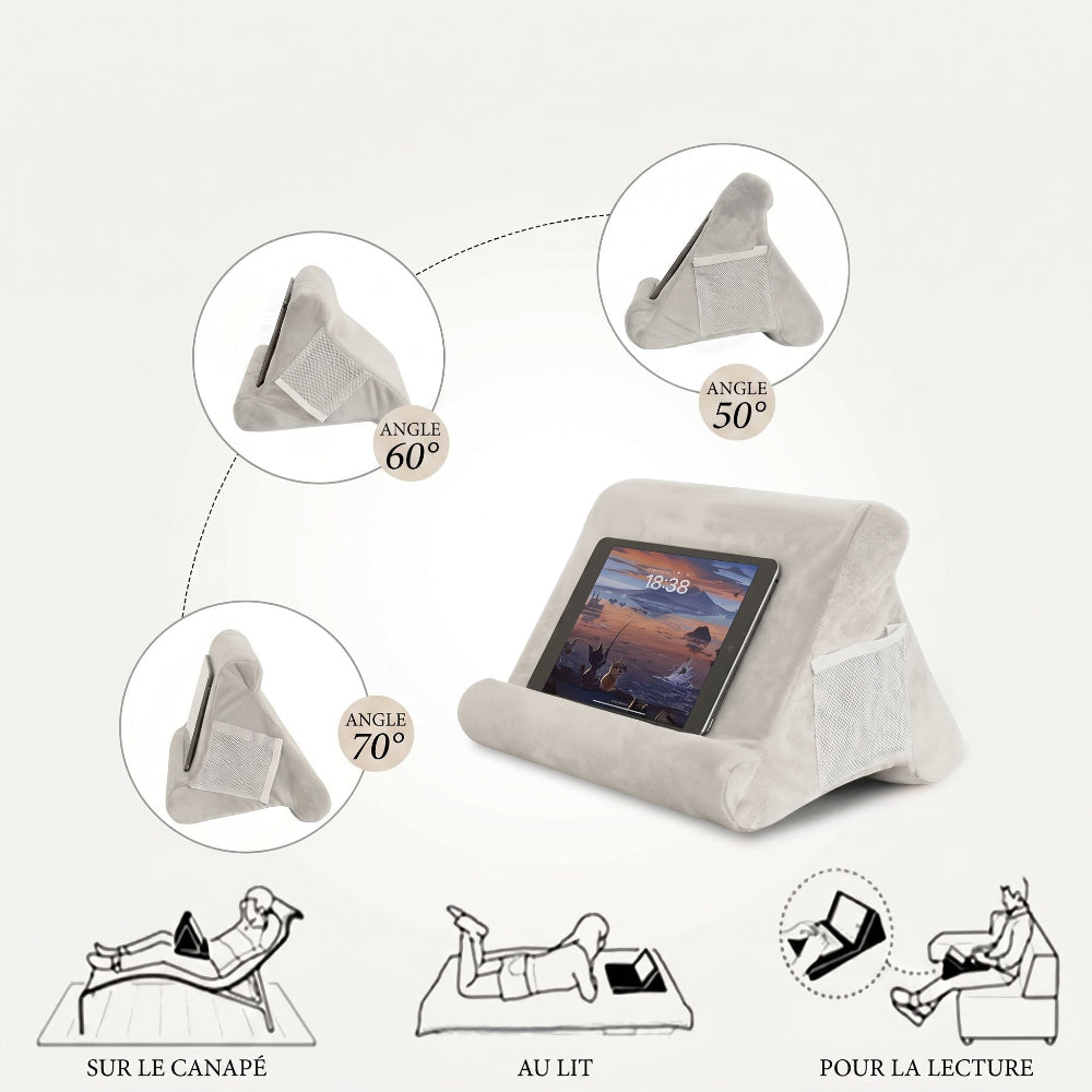 Support triangulaire en mousse pour livre, liseuse ou tablette - description des 3 inclinaisons
