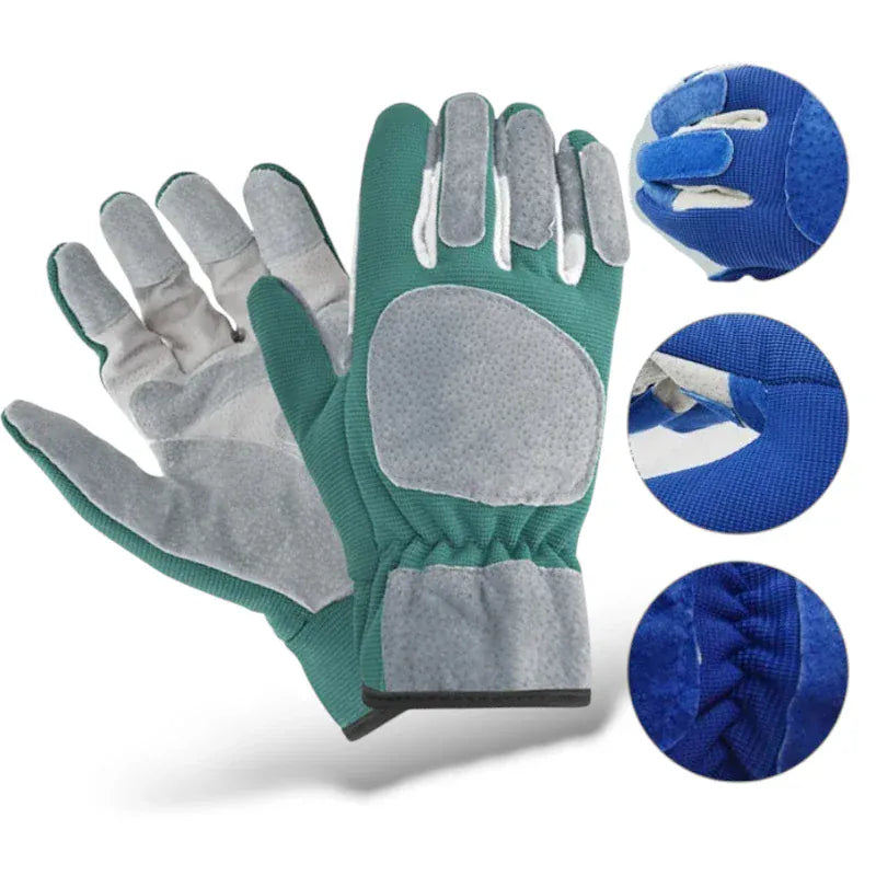 Gants de jardinage longs et résistants en cuir avec paumes renforcées.