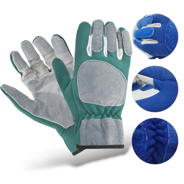 Gants de jardinage longs et résistants en cuir avec paumes renforcées.