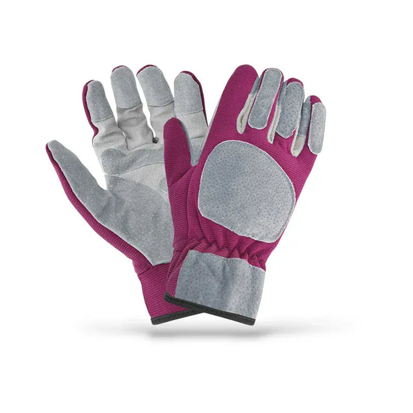 Gants de jardinage longs et résistants, rose et gris, avec renforts.