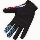 Gants VTT femmes noirs avec motifs colorés sur les doigts et coutures bleues.