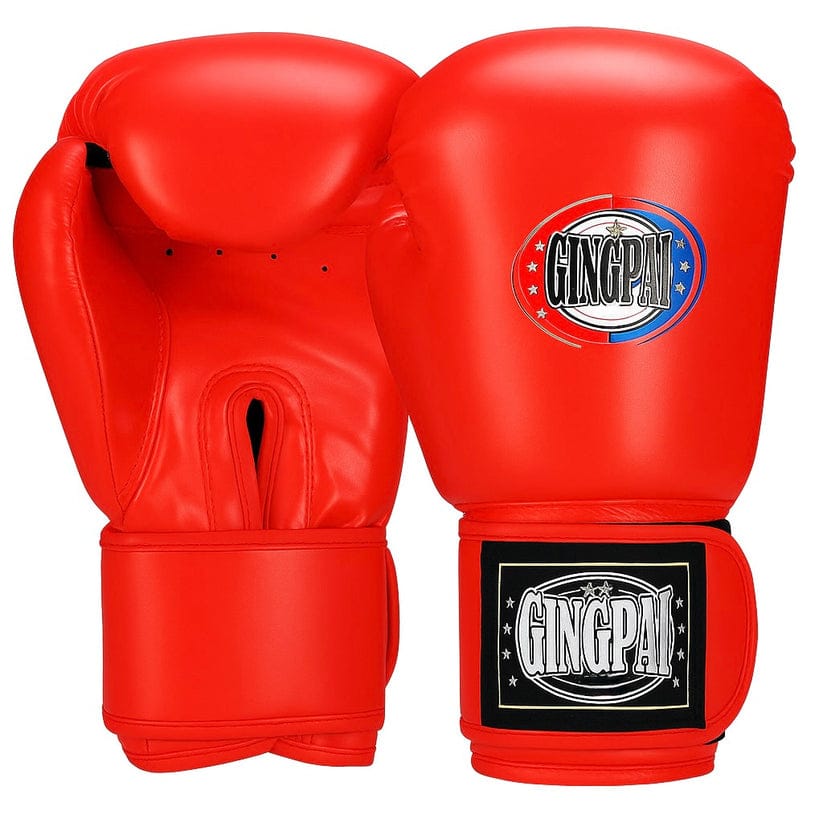 Gants de boxe rouges Gingpai avec logo sur fond blanc.