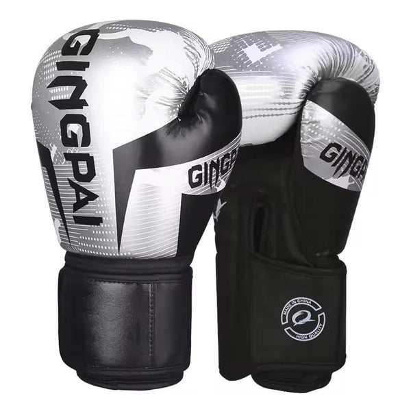 Gants de boxe Gingpai argentés et noirs avec logo.