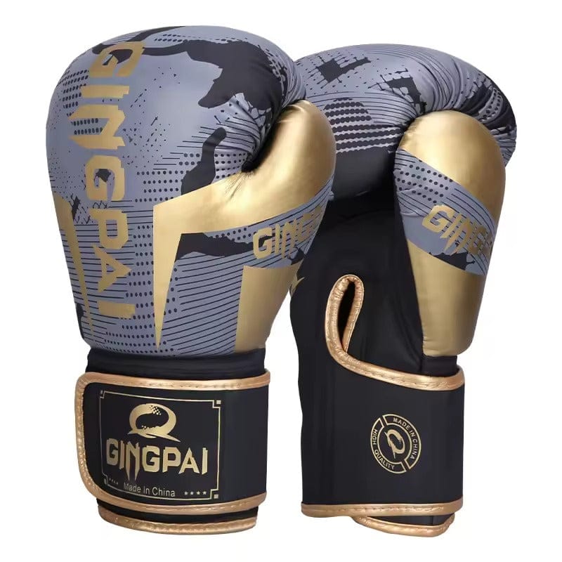 Gants de boxe Gingpai gris et dorés avec motif camouflage.