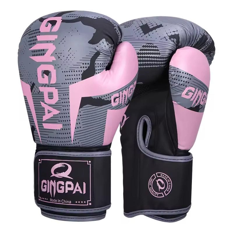 Gants de boxe Gingpai gris et rose avec motif camouflage et logo.