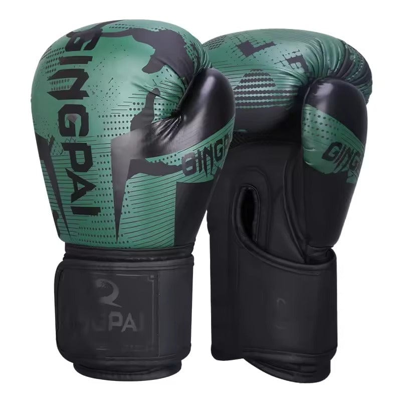 Gants de boxe verts et noirs avec motif camouflage et logo.
