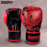 Gants de boxe noirs et rouges avec un dragon rouge et des détails noirs.