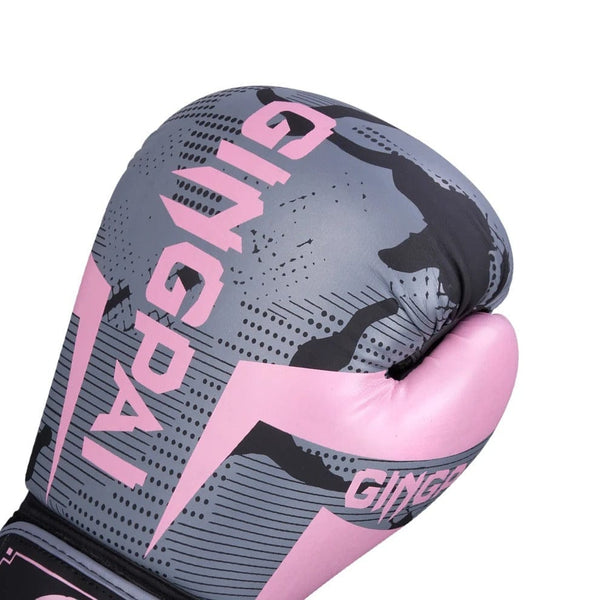 Gants de boxe Gingpai gris et rose avec logo.