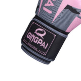 Gants de boxe Gingpai roses et gris avec logo et inscription 
