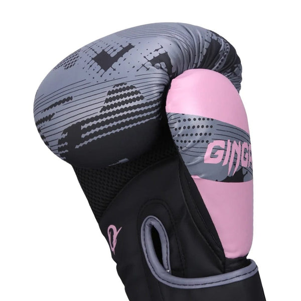Gants de boxe noirs et roses avec motif gris et logo GING.