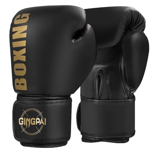 Gants de boxe noirs avec inscription dorée "BOXING" et logo "GINGPAI".