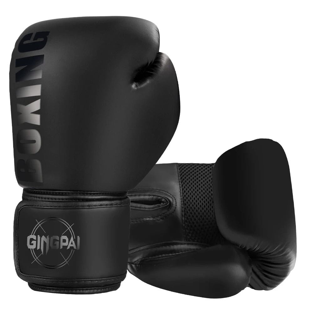 Gants de boxe noirs avec inscription "BOXING" et logo "GINGPAI".
