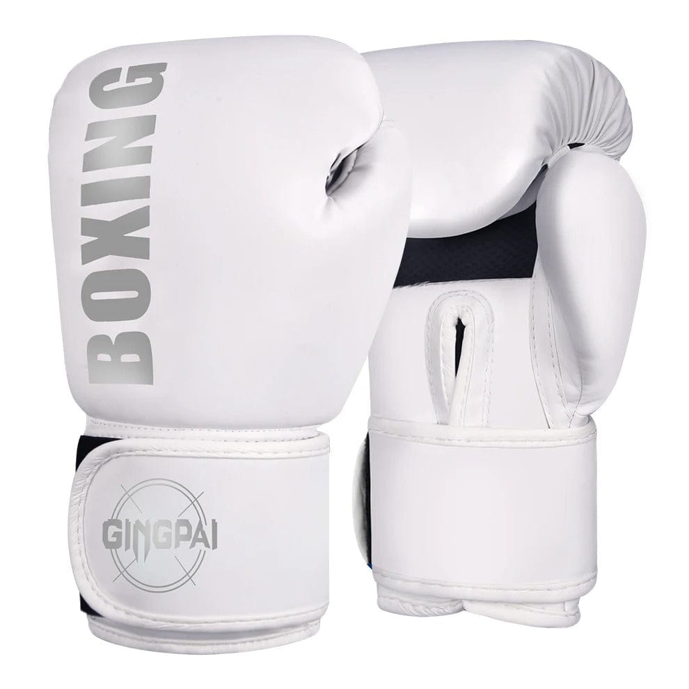 Gants de boxe blancs avec inscription "BOXING" et logo "GINGPAI".